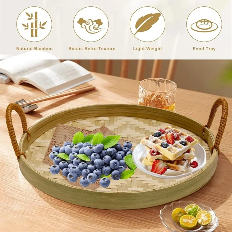 Handcrafted Round Bamboo Wicker Serving Tray Set with Handles for Food Presentation and Home Decor - Image 4