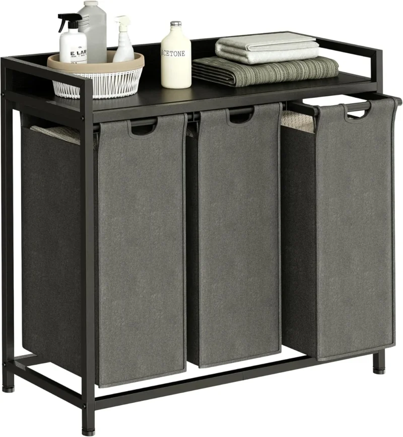 Rustic 3-Section Sorting Laundry Hamper with Storage Shelf and Removable Bags for Bathroom Organization - Image 7