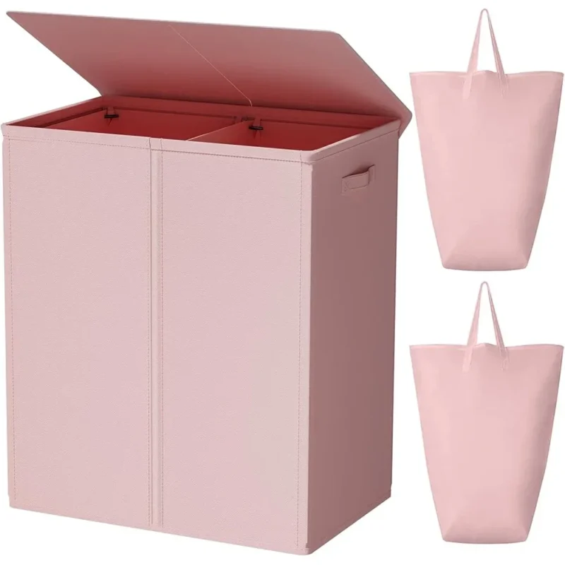 Large Double Section Wicker Laundry Hamper with Lid and Removable Liners for Bathroom Storage - Image 2