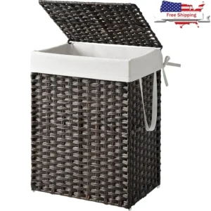 Large Rattan Laundry Hamper with Lid and Removable Liner for Bathroom Storage and Organization