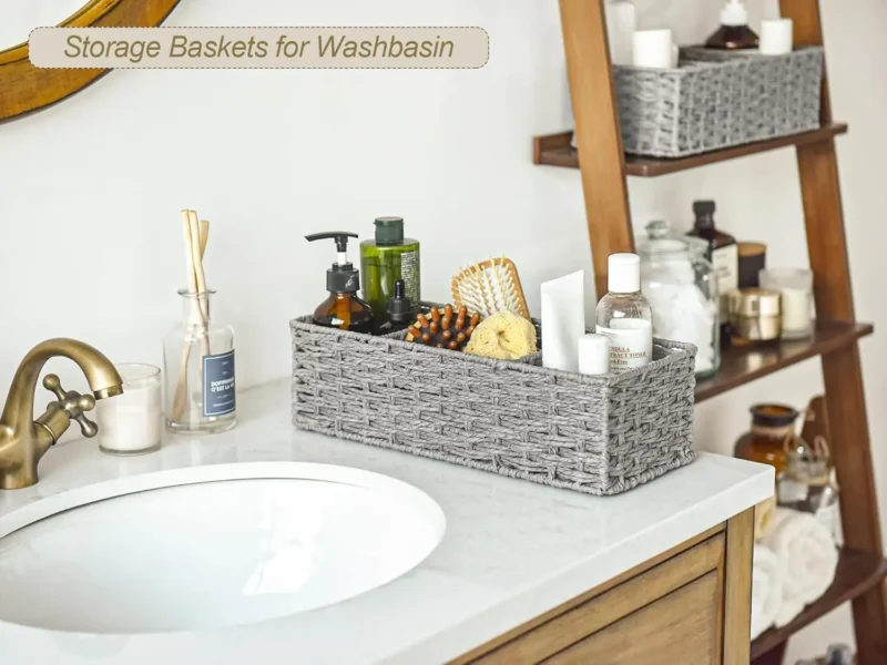 Round 3-Section Hand-Woven Paper Rope Storage Baskets for Shelf Organization - Image 3