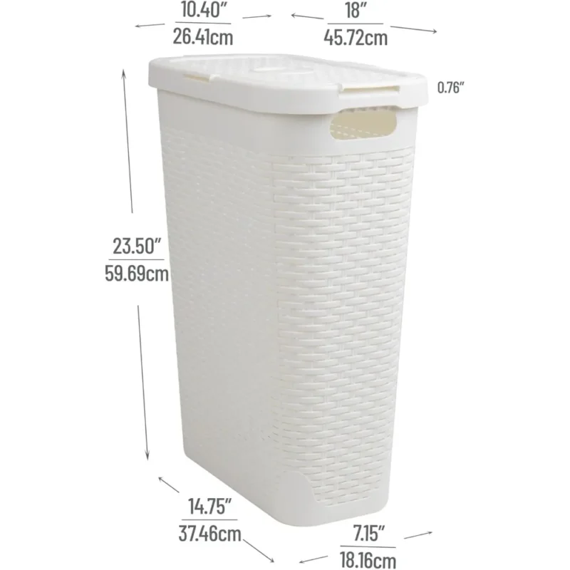 Slim White Plastic Wicker-Design Laundry Hamper with Lid for Bathroom Organization (40L) - Image 3