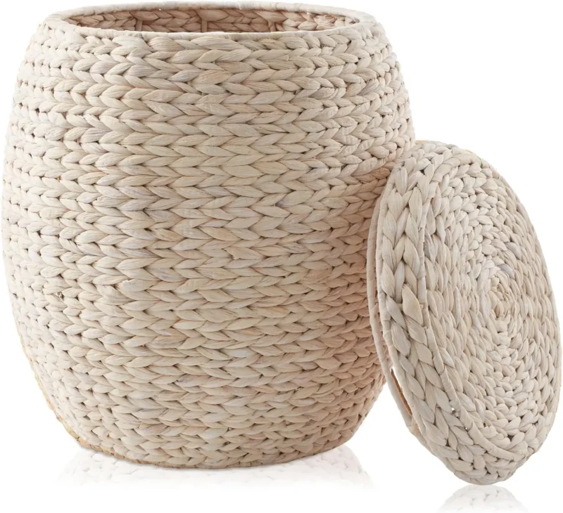 Large Round Handwoven Water Hyacinth Storage Basket with Lid for Home Organization and Decor - Image 7