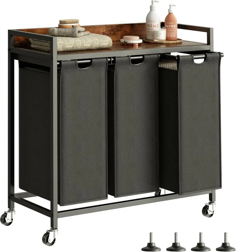 Rustic 3-Section Sorting Laundry Hamper with Storage Shelf and Removable Bags for Bathroom Organization - Image 10