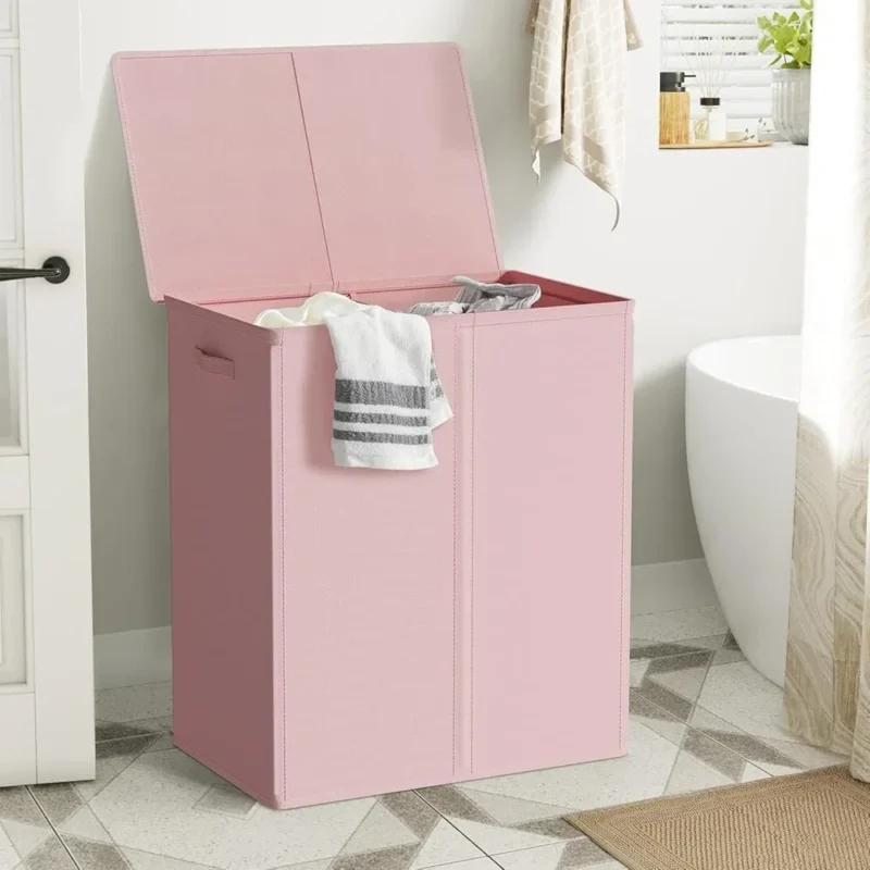 Large Double Section Wicker Laundry Hamper with Lid and Removable Liners for Bathroom Storage - Image 6