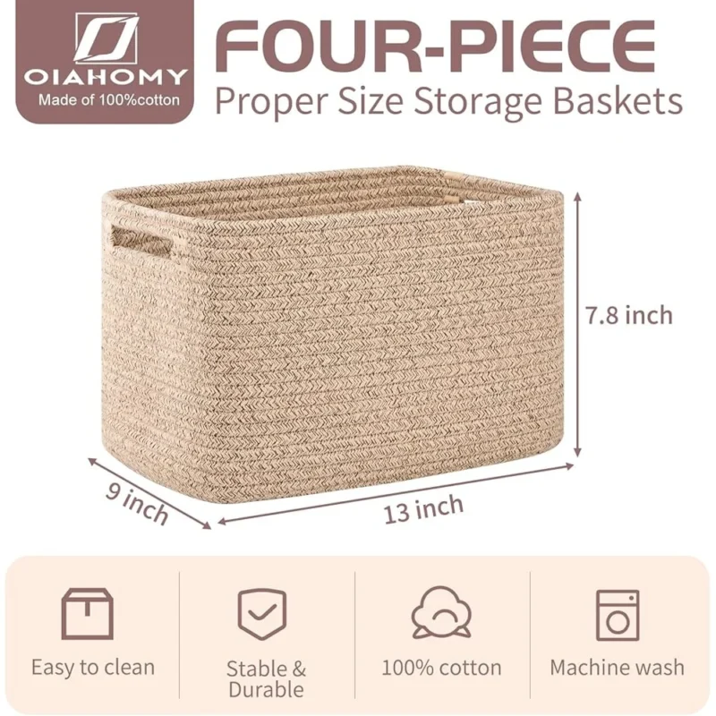 4-Pack Cotton Rope Storage Baskets with Handles for Home Organization Cube Storage Bins - Image 5