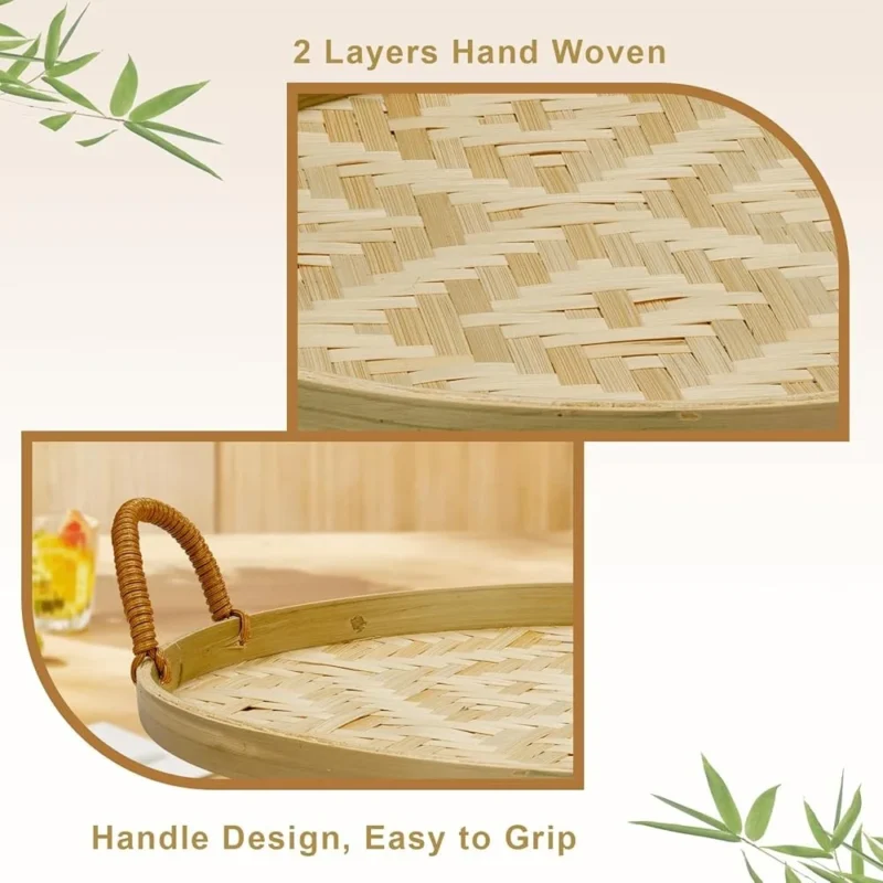 Handcrafted Round Bamboo Wicker Serving Tray Set with Handles for Food Presentation and Home Decor - Image 3