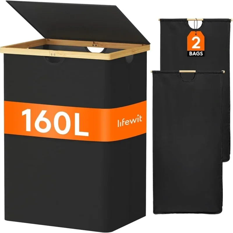 Extra Large Modern Bamboo Laundry Hamper with Lid Double Section Organizer with Handles for Home Storage - Image 2