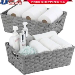 Large Wicker Storage Baskets Set with Metal Frame for Home Organization and Laundry
