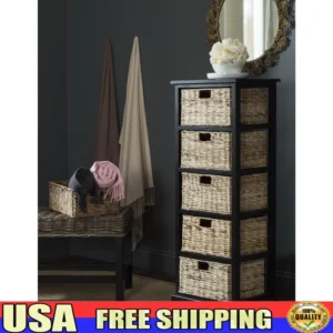 5-Tier Distressed Black Wood Frame Storage Tower with Removable Wicker Baskets for Home Organization