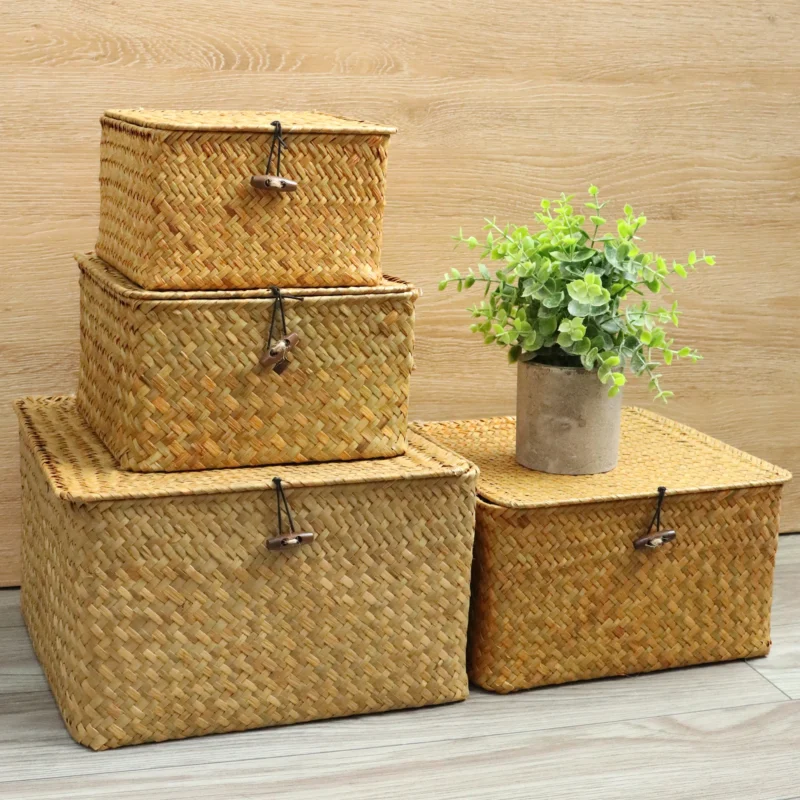 Handcrafted Seagrass Storage Basket Set with Lids for Home Organization and Shelf Storage - Image 3