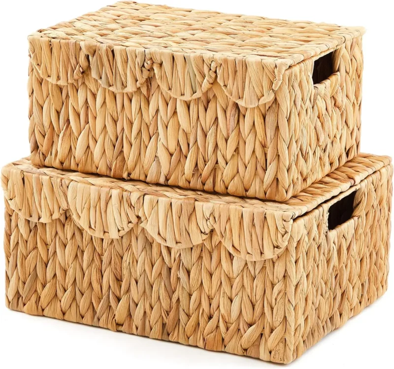 Handcrafted Scalloped Edge Wicker Storage Baskets with Lid and Handles for Home Organization - Image 7