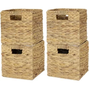 Small Square Water Hyacinth Storage Baskets with Built-in Handles for Home Organization