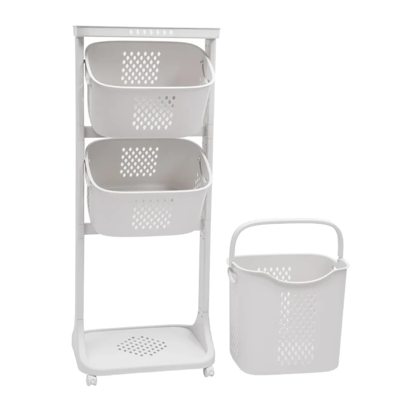 Large White Rolling Wicker Laundry Hamper with Compartments for Bedroom and Dormitory Storage - Image 5