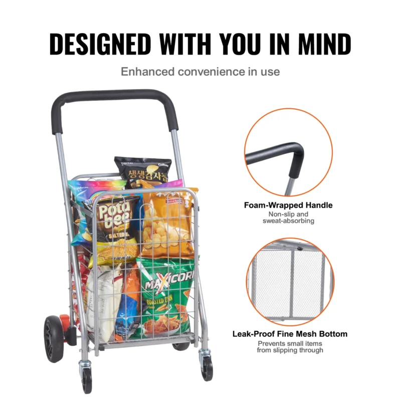 Heavy-Duty Folding Shopping Cart Utility Trolley with Rolling Swivel Wheels for Grocery and Laundry Transport - Image 4
