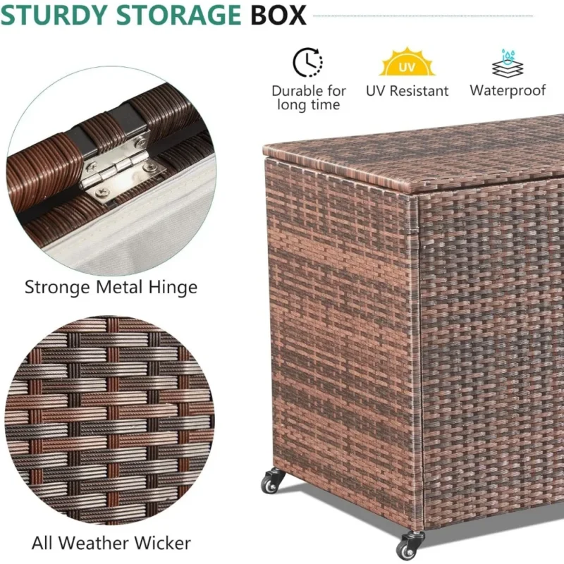 Large Brown Rattan Outdoor Storage Deck Box 180 Gallon Capacity with Wheels for Garden Patio Organization - Image 5