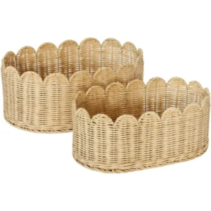 Large Handcrafted Scalloped Wicker Storage Basket Set with Elegant Edges for Home Organization