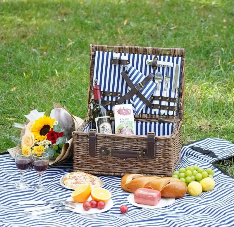 Handcrafted Wicker Picnic Basket for 2 with Waterproof Blanket and Sand-Proof Mat - Image 2