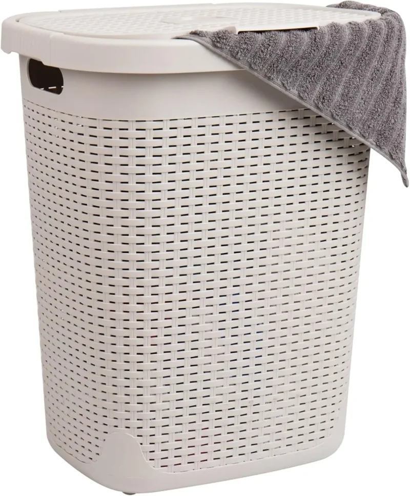 Large Slim Wicker-Design Plastic Laundry Hamper with Lid for Bedroom and Bathroom Storage - Image 12