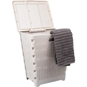 Large Ivory Wicker-Style Laundry Hamper with Lid for Bathroom Organization