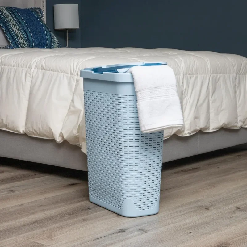Slim Baby Blue Wicker-Style Laundry Hamper with Lid for Bathroom Storage Organization 40L