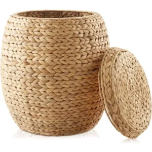 Large Round Water Hyacinth Storage Basket with Lid for Home Organization and Laundry