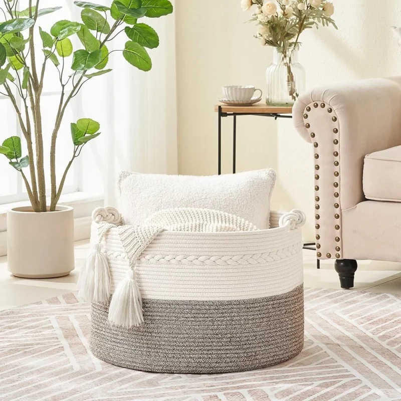 Large Woven Cotton Rope Storage Basket with Handles for Laundry and Toy Organization - Image 3