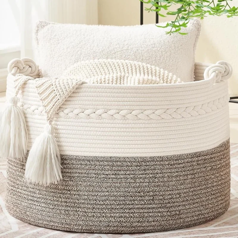 Large Woven Cotton Rope Storage Basket with Handles for Laundry and Toy Organization - Image 2