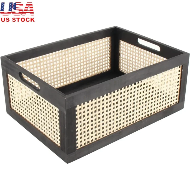 Medium Black Rattan Storage Basket with Wooden Frame for Home Organization and Decoration