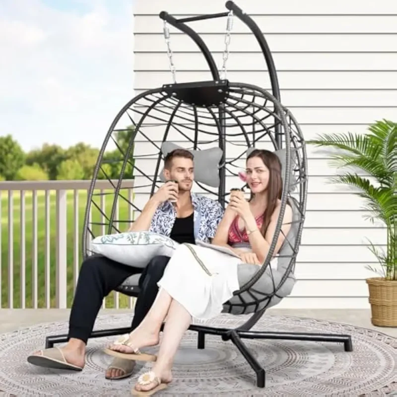 Extra Large Double Hanging Egg Chair with Stand Wicker Patio Swing Basket for Two Adults - Image 8