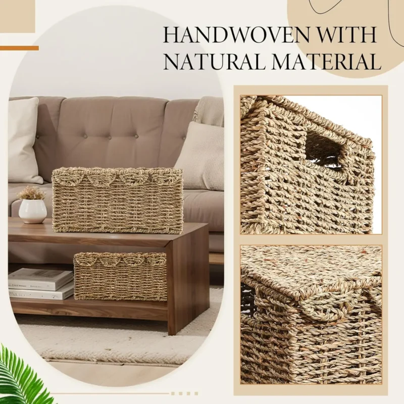 Handcrafted Scalloped Edge Wicker Storage Baskets with Lid and Handles for Home Organization - Image 5