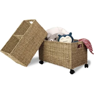 Natural Wicker Rolling Storage Baskets with Handles - Nesting Set on Wheels for Under Desk Organization