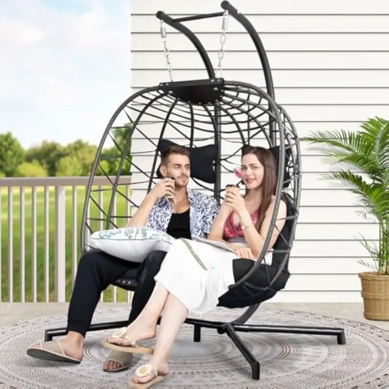 Extra Large Double Hanging Egg Chair with Stand Wicker Patio Swing Basket for Two Adults - Image 11