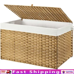 Large Handwoven Wicker Storage Basket with Lid and Cotton Liner for Home Organization