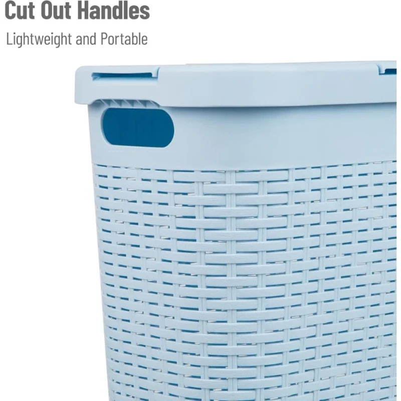 Slim Baby Blue Wicker-Style Laundry Hamper with Lid for Bathroom Storage Organization 40L - Image 4