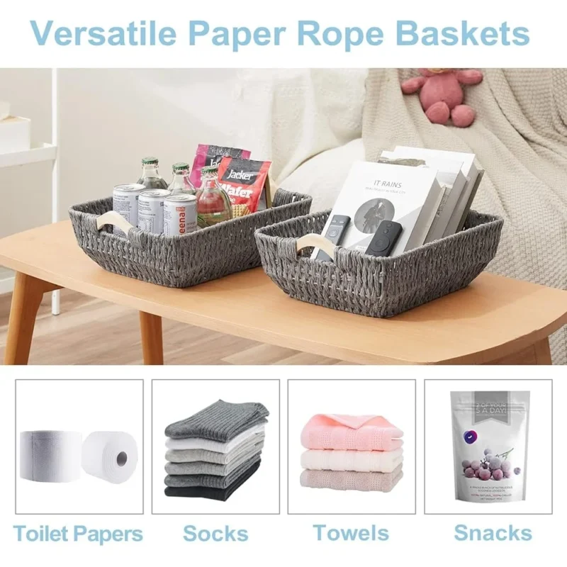 Handcrafted Natural Paper Rope Storage Baskets with Wooden Handles for Home Organization Set of 2 - Image 4
