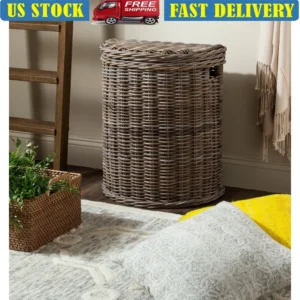 Nautical Wicker Laundry Hamper with Lid and Cotton Liner for Bathroom Storage Organization