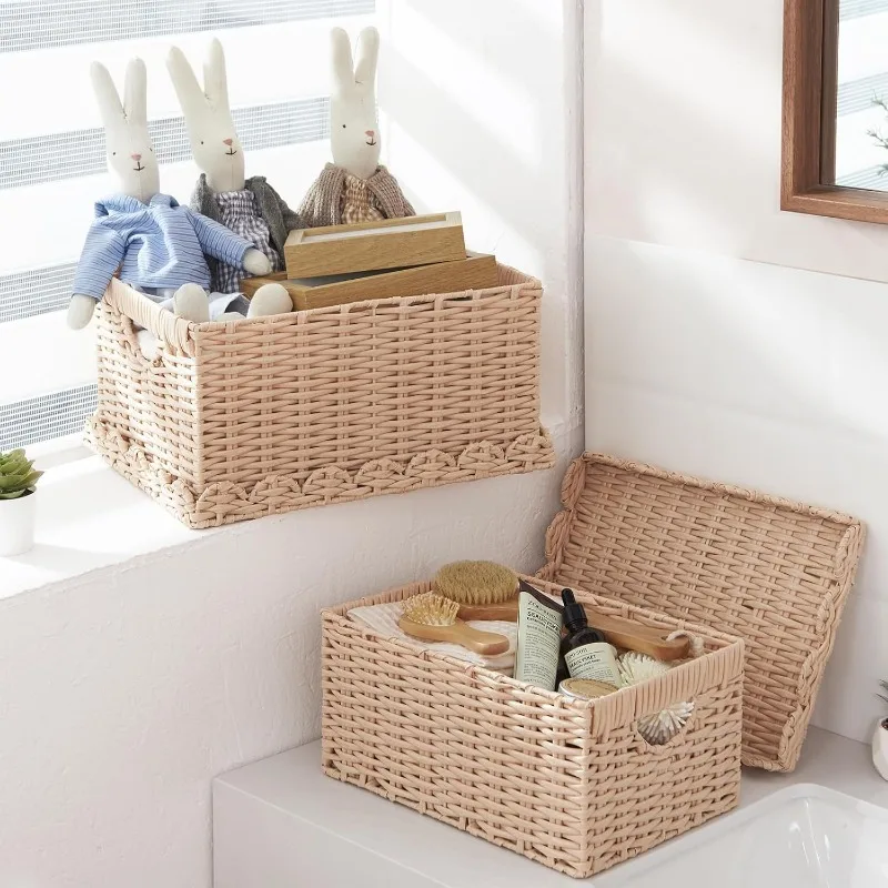 Elegant cream wicker storage basket with lid showcasing minimalist design principles
