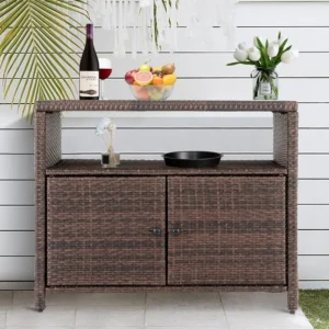 Durable Wicker Outdoor Storage Cabinet with Double Doors and Shelves for Patio Organization