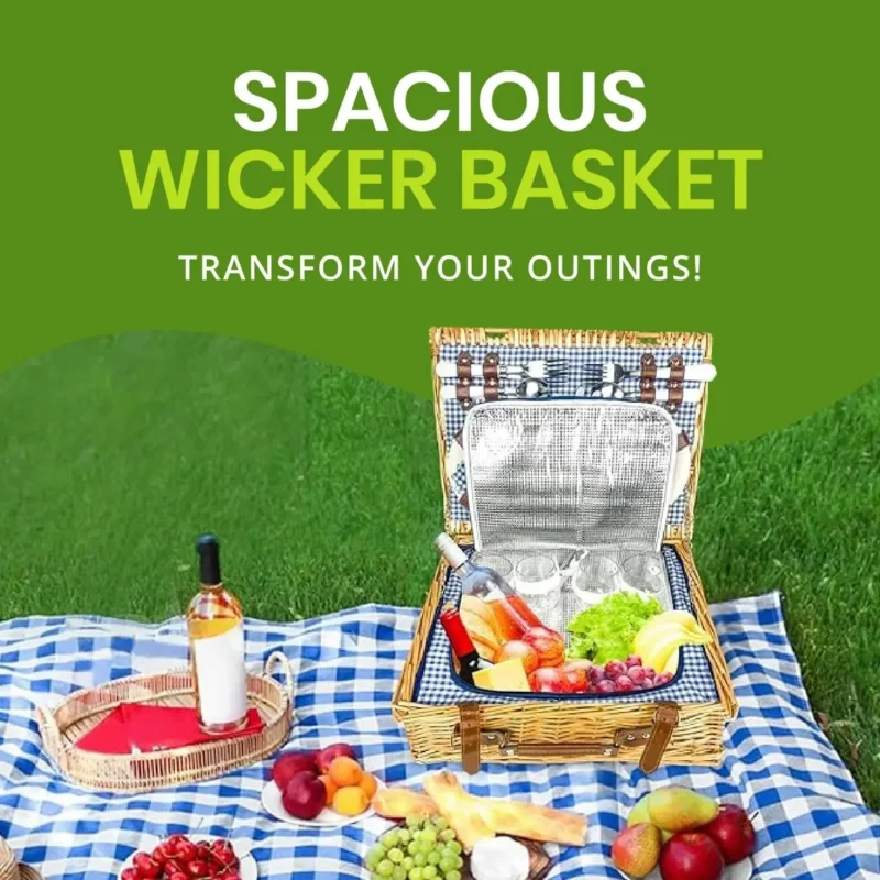 Insulated Wicker Picnic Basket with Handles and Complete Dinnerware Set for Outdoor Dining - Image 2