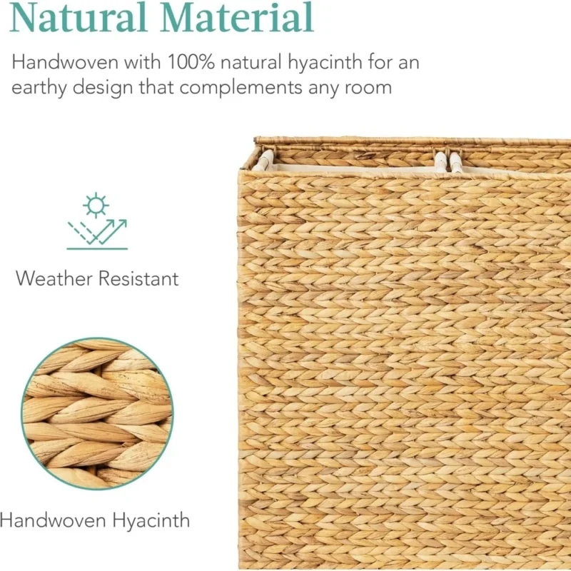 Large Natural Wicker Double Laundry Hamper with Lid and Washable Liner Bags for Bedroom Organization - Image 5