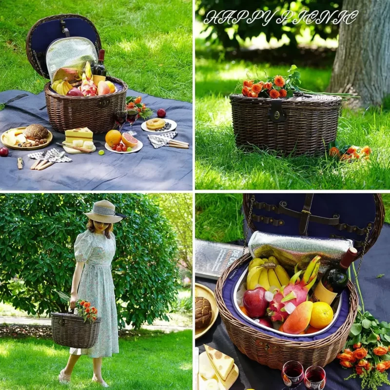 Handcrafted Natural Willow Picnic Basket for 2 Persons with Insulated Cooler Bag and Service Set - Image 2