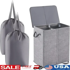 Large Dual-Section Woven Laundry Hamper with Lid and Removable Bags for Bathroom Storage