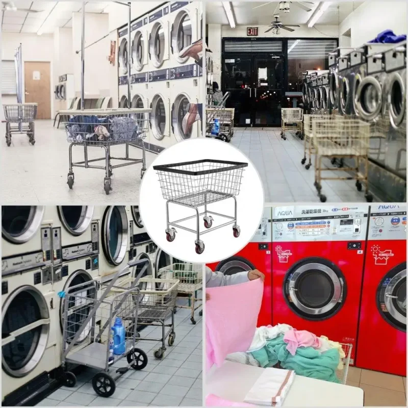 Heavy-Duty Chrome Wire Laundry Cart with Wheels - 2.5 Bushel Metal Storage Basket for Commercial Use - Image 4
