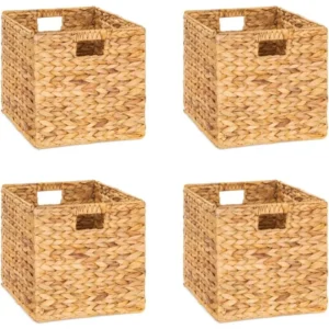 Natural Wicker Storage Baskets 10.5 Inch Square with Handles for Shelf Organization Bedroom Storage