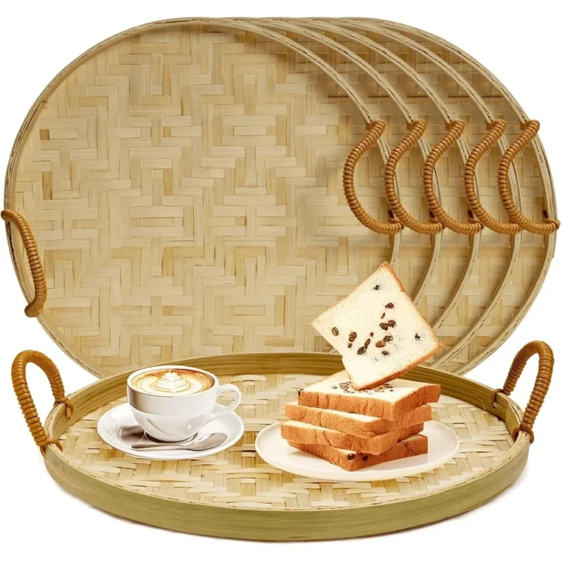 Handcrafted Round Bamboo Wicker Serving Tray Set with Handles for Food Presentation and Home Decor - Image 2