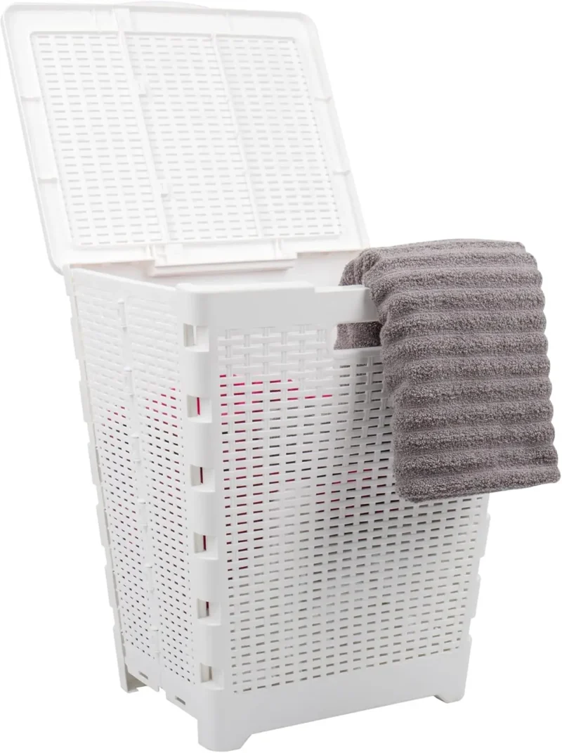 Large 61L Foldable Wicker-Design Plastic Laundry Hamper with Lid for Bathroom and Bedroom Storage - Image 11