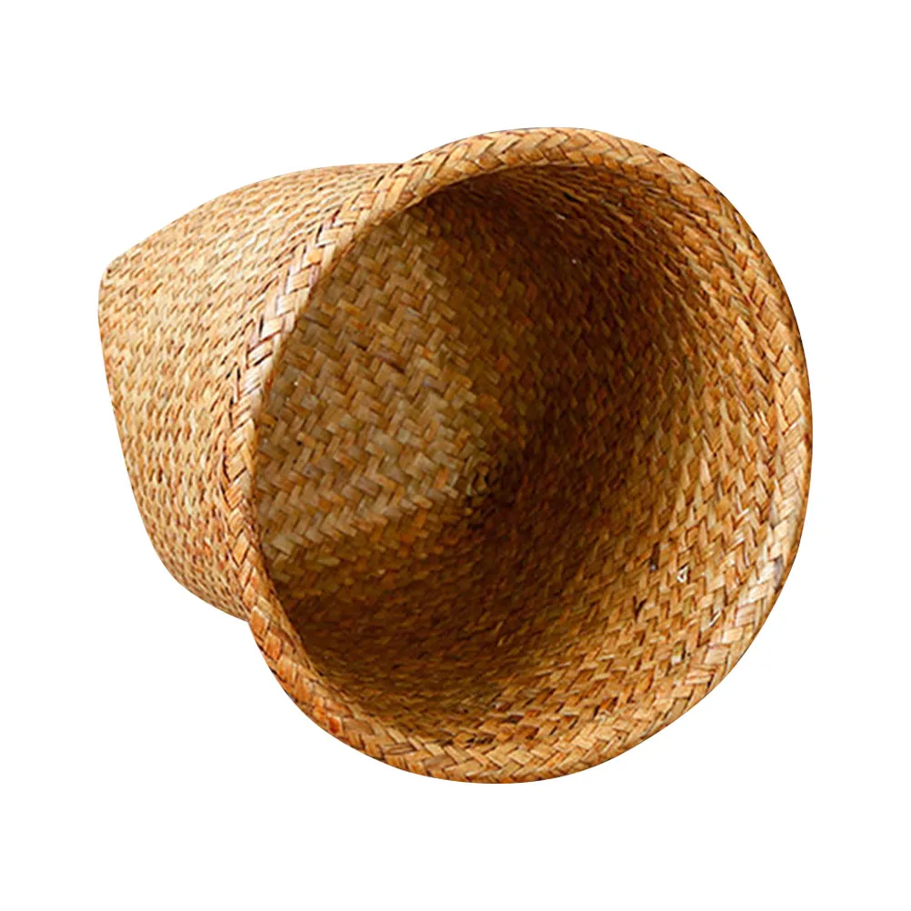Handwoven wicker waste basket for vertical storage in tight spaces