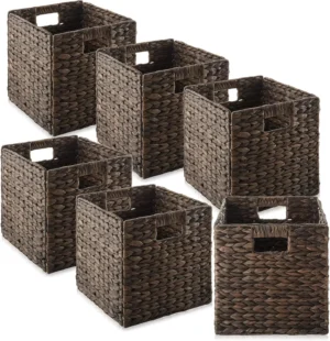Espresso Water Hyacinth Storage Cube Baskets with Collapsible Design for Home Organization