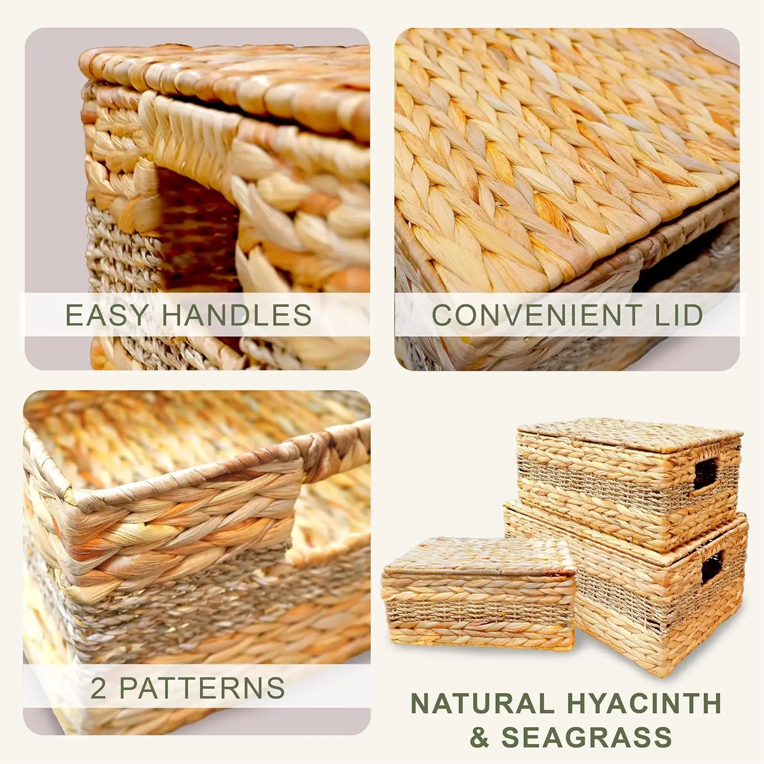 Various natural water hyacinth materials woven into storage baskets with lids